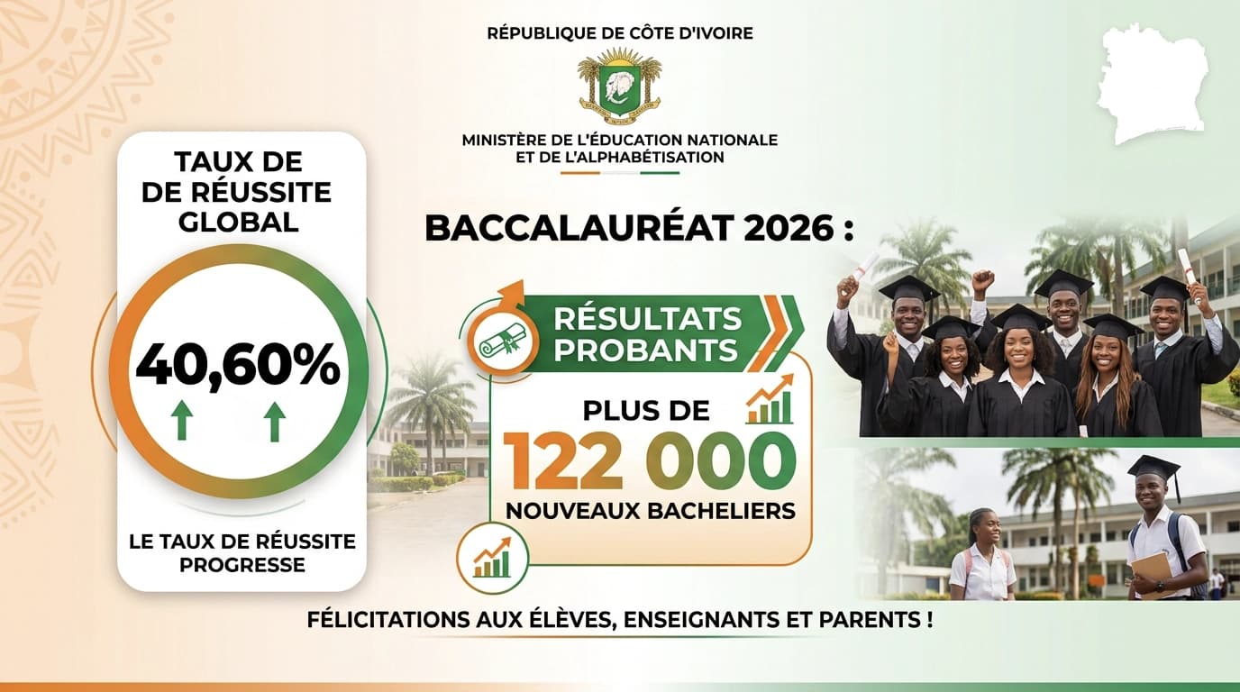 Baccalauréat 2026 en Côte d'Ivoire : le taux de réussite progresse à 40,60 %, plus de 122 000 nouveaux bacheliers